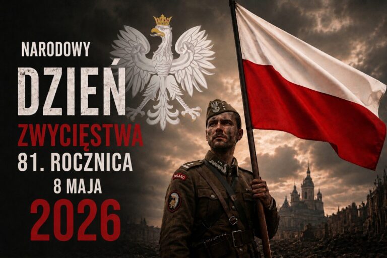Żołnierz polski w mundurze z 1945 roku trzymający biało-czerwoną flagę na tle orła w koronie i zniszczonego miasta