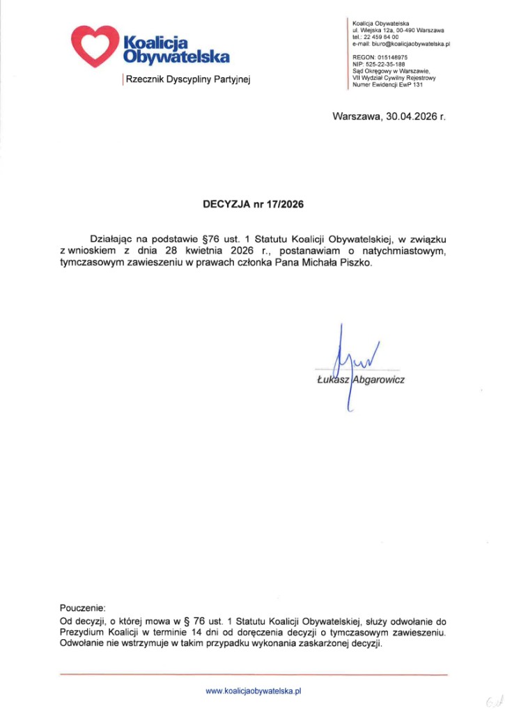 Oficjalny dokument Koalicji Obywatelskiej - Decyzja nr 17/2026 w sprawie zawieszenia członka partii, podpisana przez Łukasza Abgarowicza