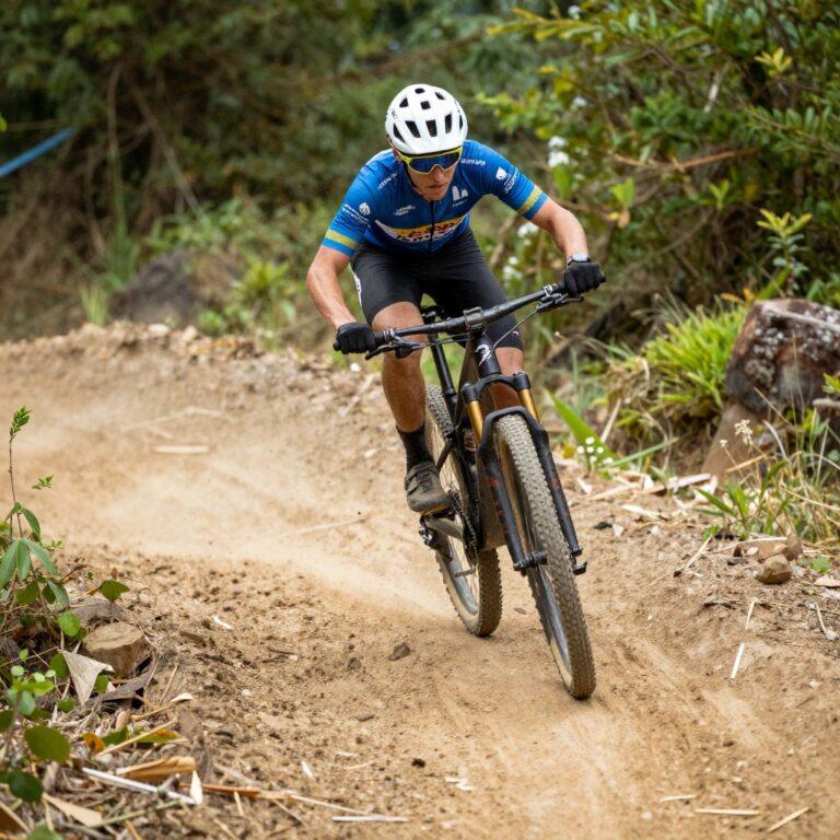 Kolarz w niebiesko-czarnym stroju MTB zjeżdża na rowerze górskim po piaszczystej trasie cross country otoczonej zielenią