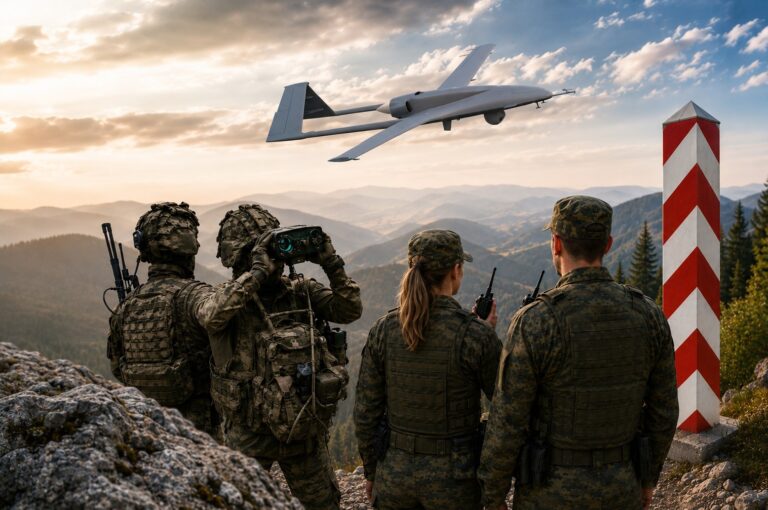 Żołnierze i strażnicy graniczni obserwujący góry z użyciem lornetki i radia, nad nimi leci wojskowy dron.