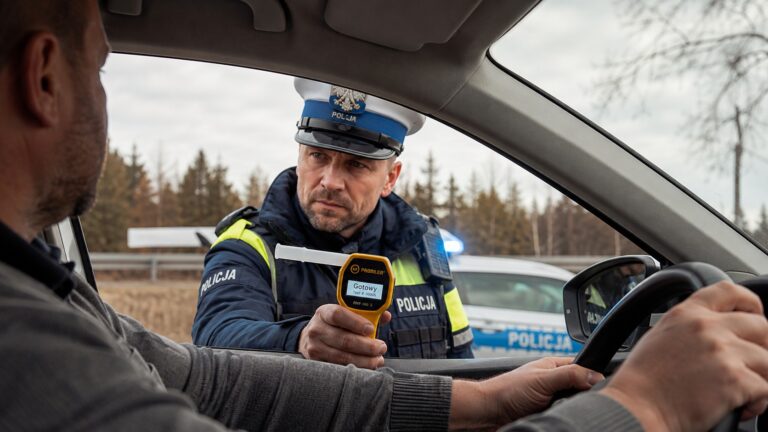 Policjant w białej czapce podaje żółty alkomat kierowcy samochodu podczas kontroli drogowej.